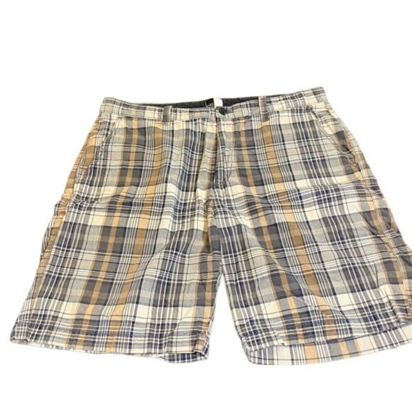 Saks Fifth Ave Plaid Flat Front Pocket Shorts Navy Gold Brown Size 36 - Picture 1 of 6
